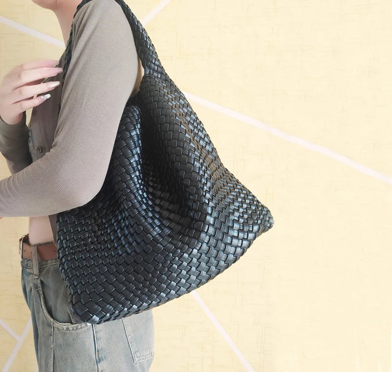 Hand Woven Bag Women Vegan Leather Tote