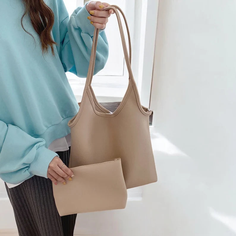 Women Soft Shoulder Bag - Soft Vegan Leather Tote Bag